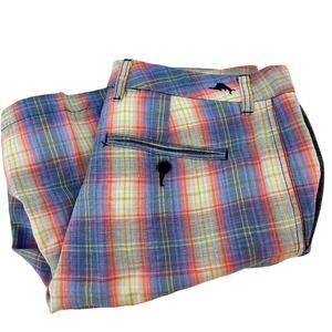 Tommy Bahama Mens Plaid Linen Tencel Shorts Size 34 Blue Orange Multi Color